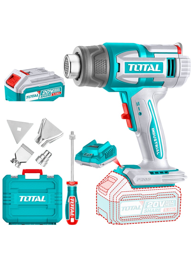 TOTAL Cordless Heat Gun 20V, LCD Display Temperature Control 30-550°C, 2 Speed Airflow 100/200 L/min, with 5.0Ah Battery, Charger, 3 Nozzles, Scraper, Carrying Case - Image 1